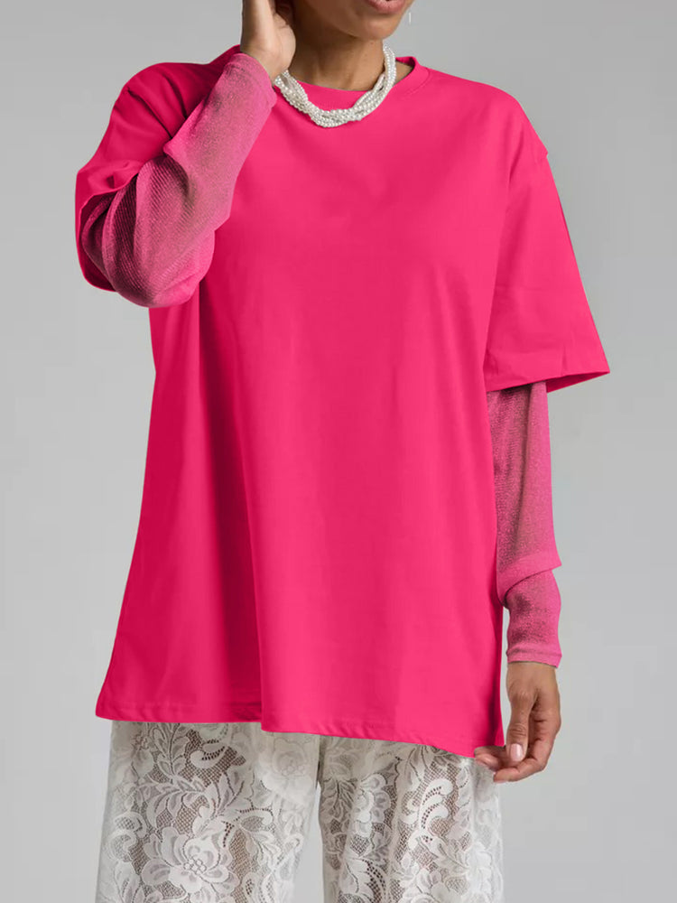 Faux Layered Round Neck Mesh Sleeve Top - MyEmpired