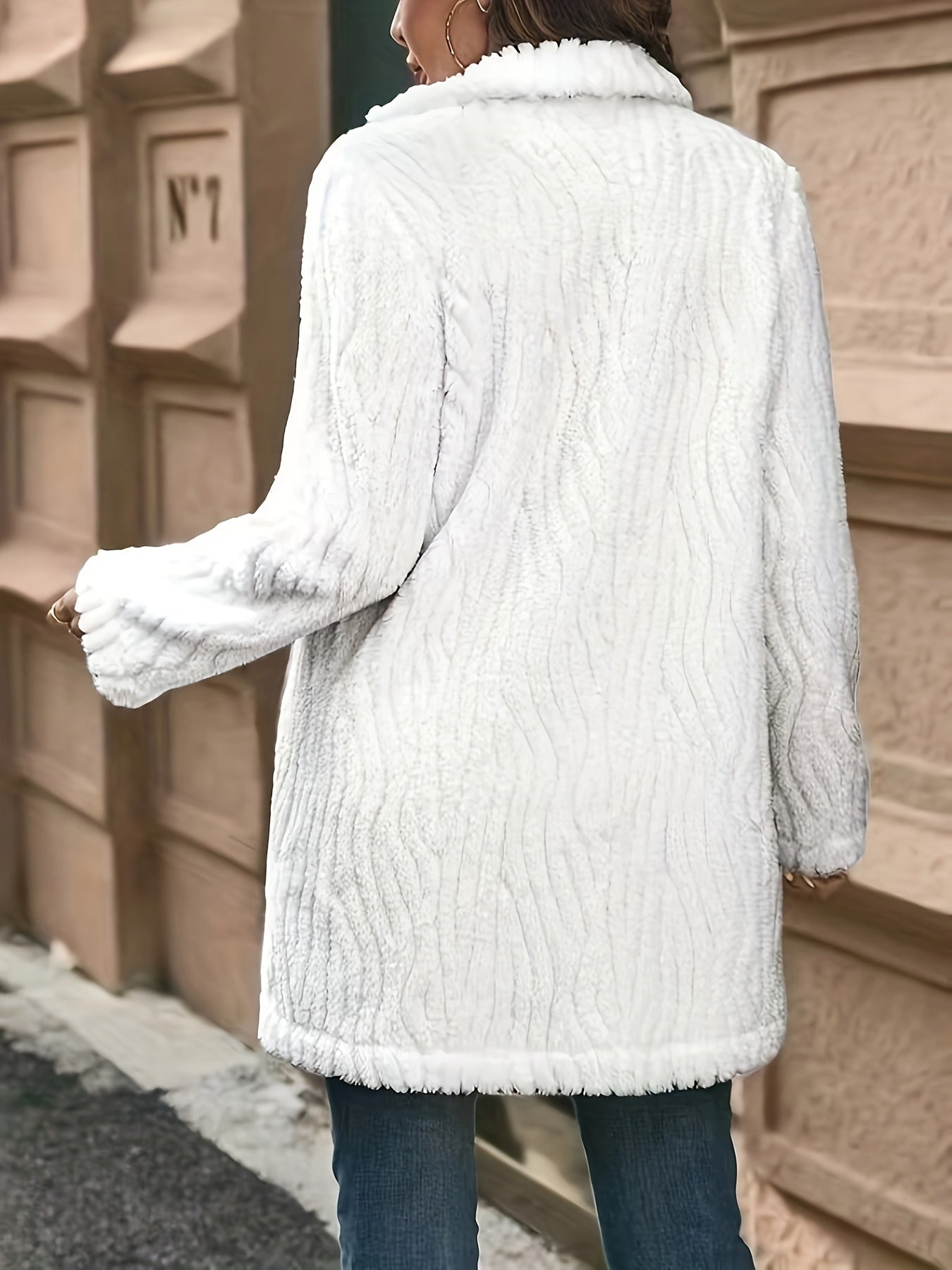 Double-breasted Lapel Teddy Coat, Elegant Solid Color Long Sleeve Textured Fluffy Coat For Winter, Women&