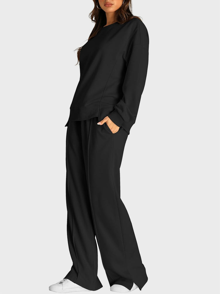 Round Neck Long Sleeve Top and Slit Pants Set - MyEmpired