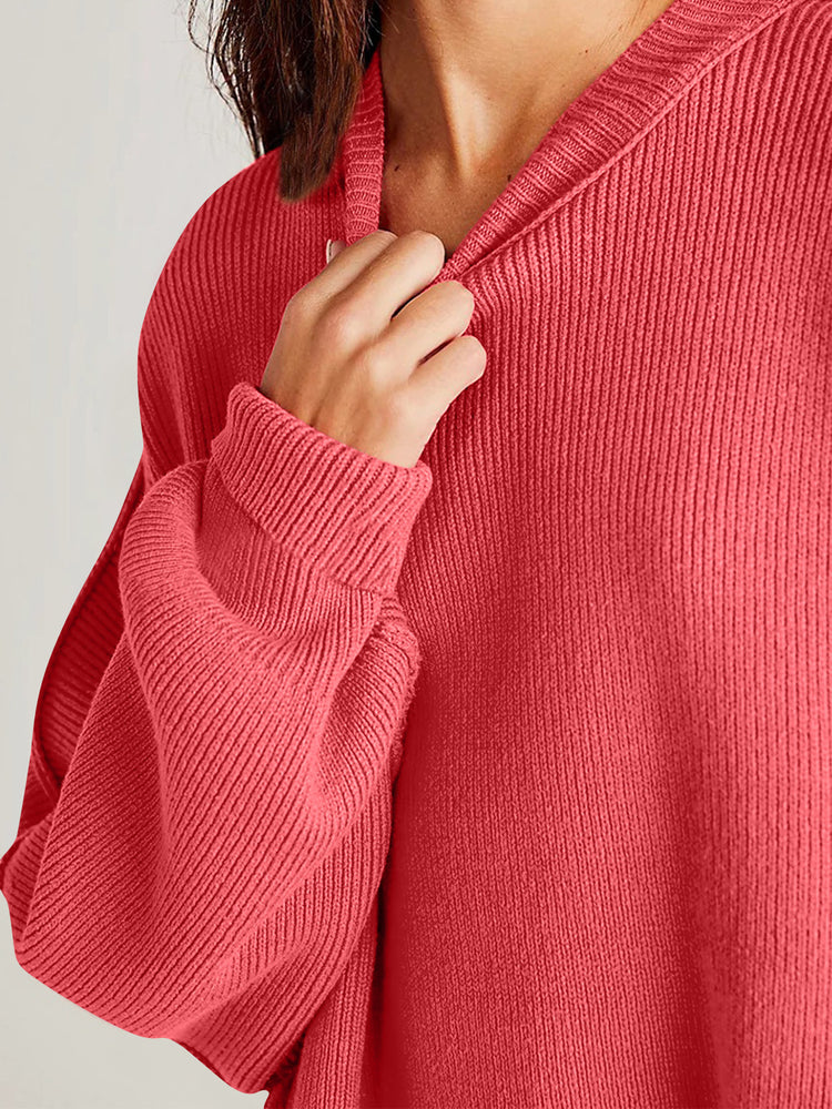 Double Take Side Slit Round Neck Long Sleeve Sweater - MyEmpired