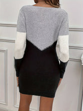 Elegant Color Block Sweater Dress for Women - Crew Neck, Geometric Knit Pattern, Long Sleeve, Polyester Knit Fabric, H Contour - Chic Knitted Pullover Dress - MyEmpired