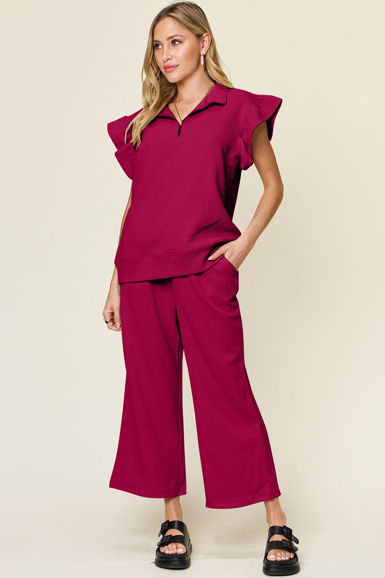 Double Take Texture Ruffle Short Sleeve Top and Drawstring Wide Leg Pants Set - MyEmpired