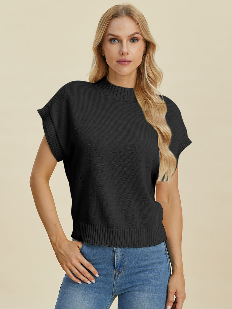 Double Take Full Size Mock Neck Short Sleeve Sweater - MyEmpired