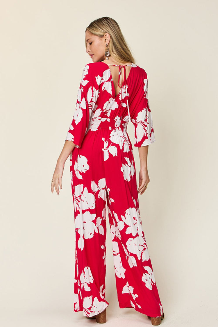 Double Take Full Size Printed Tie Back Wide Leg Jumpsuit - MyEmpired
