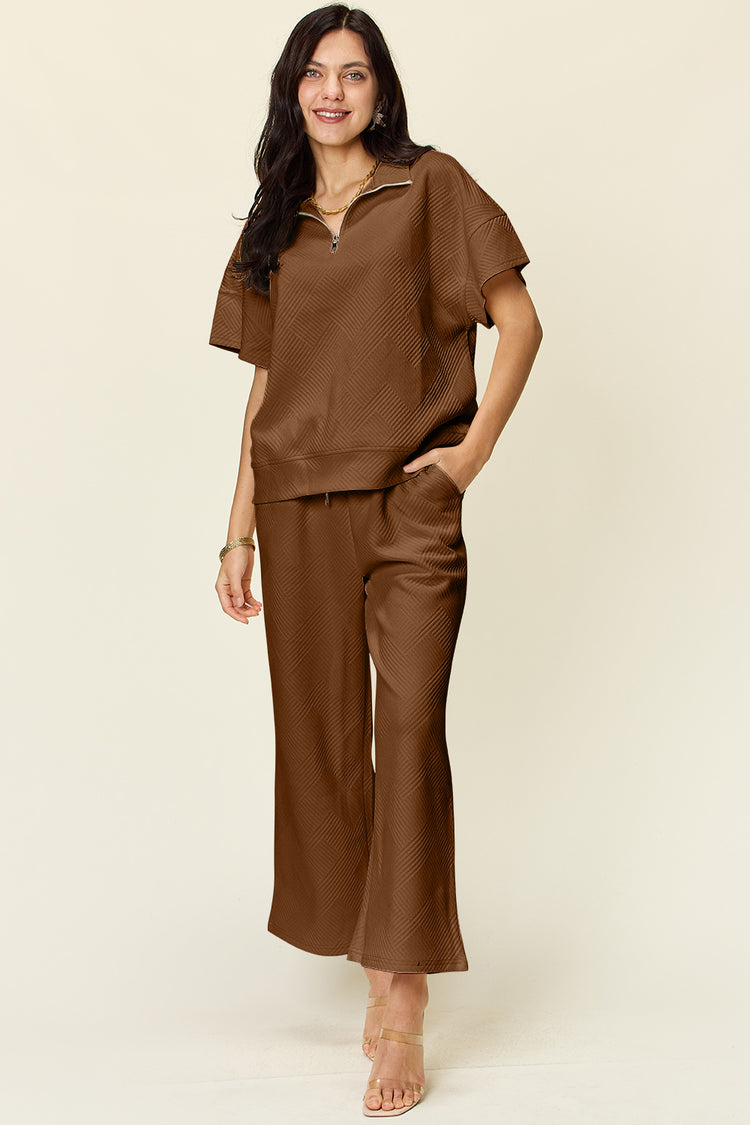 Double Take Full Size Texture Half Zip Short Sleeve Top and Pants Set - MyEmpired