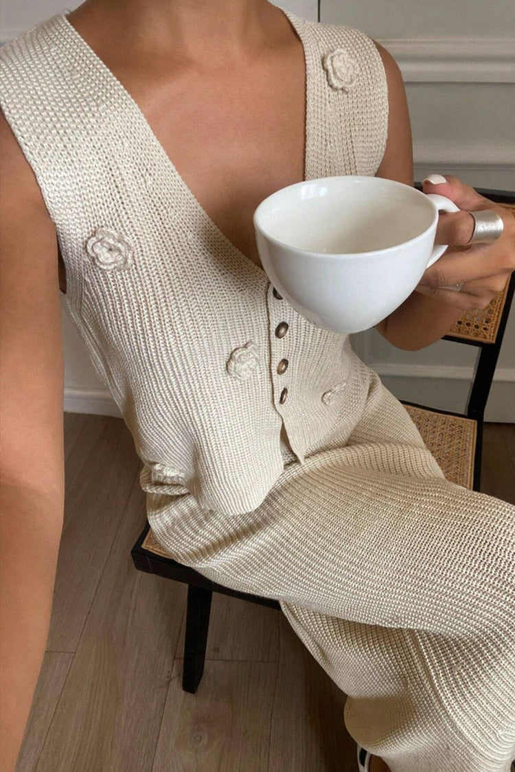 Flower V-Neck Vest and Skirt Sweater Set - MyEmpired