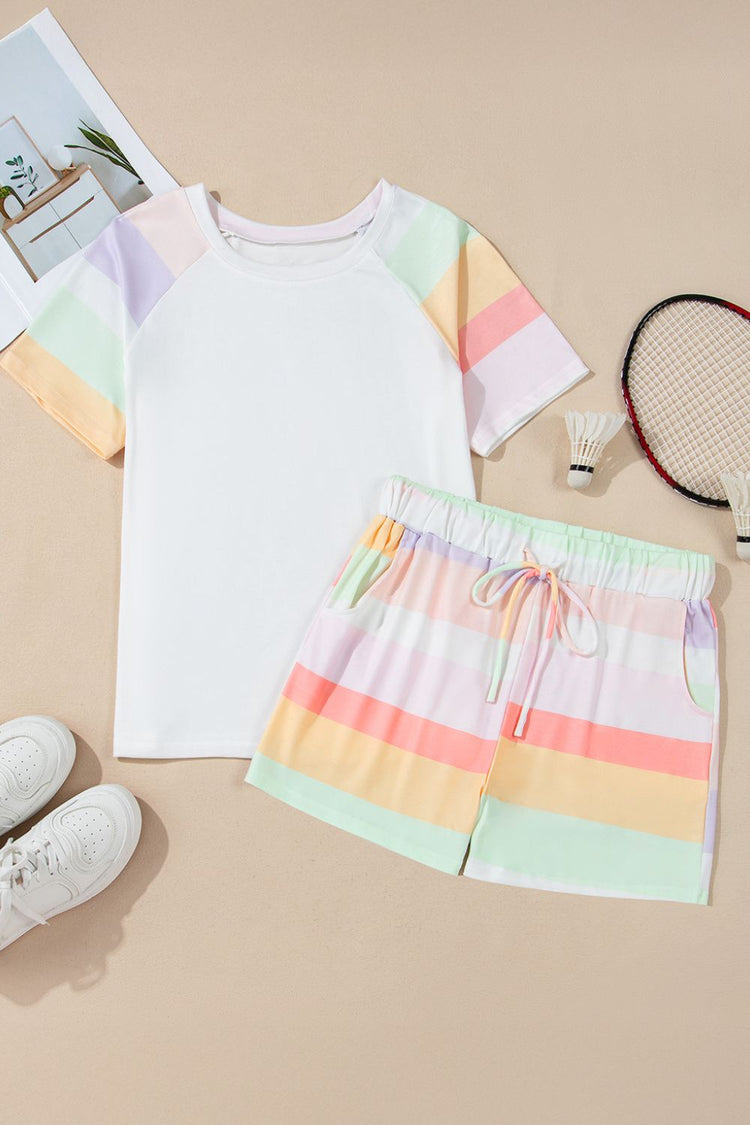 Rainbow Striped Round Neck T Shirt and Shorts Lounge Set - MyEmpired