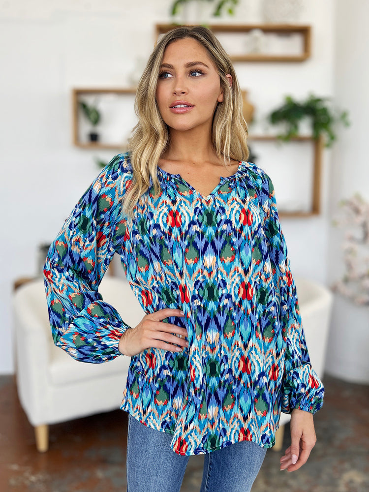 Double Take Full Size Printed Balloon Sleeve Blouse - MyEmpired