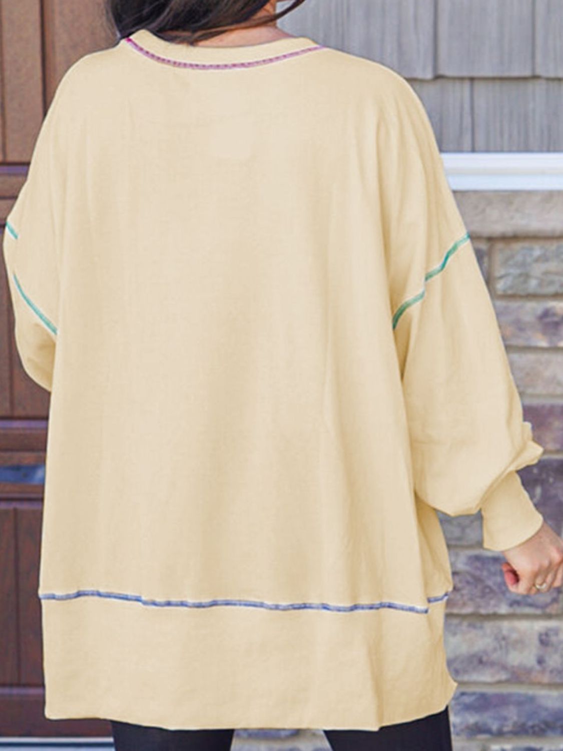 Slit Round Neck Lantern Sleeve Sweatshirt - MyEmpired