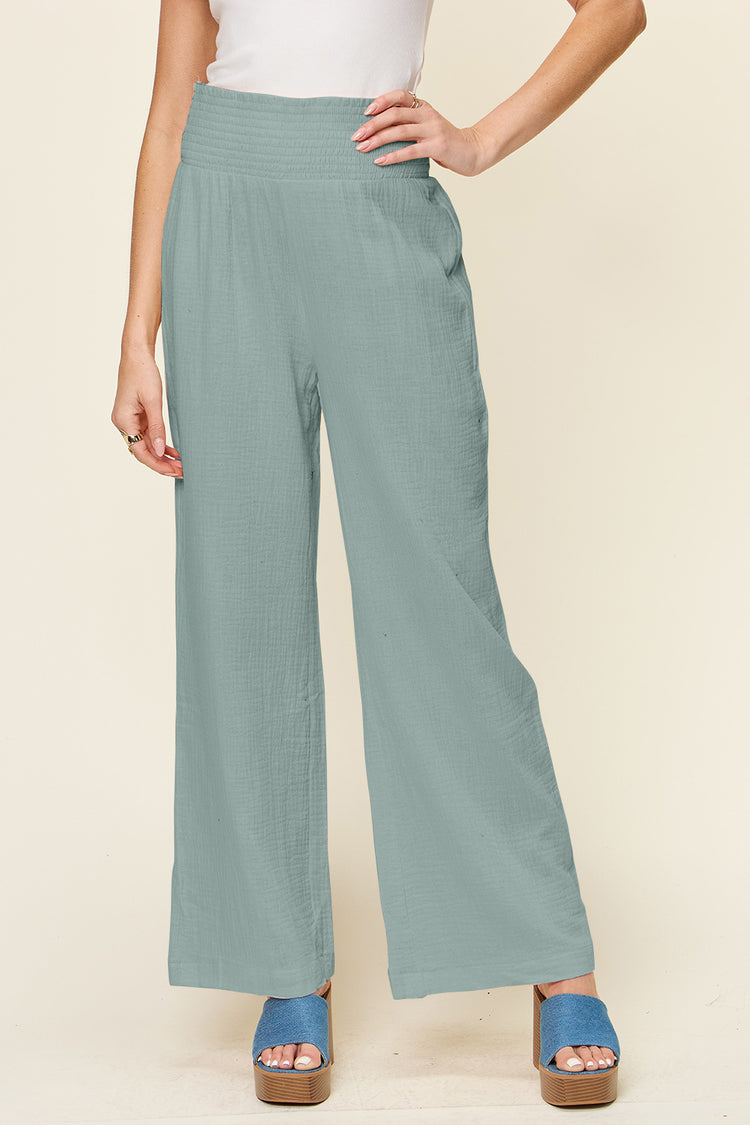 Double Take Full Size Texture Smocked Waist Wide Leg Pants - MyEmpired
