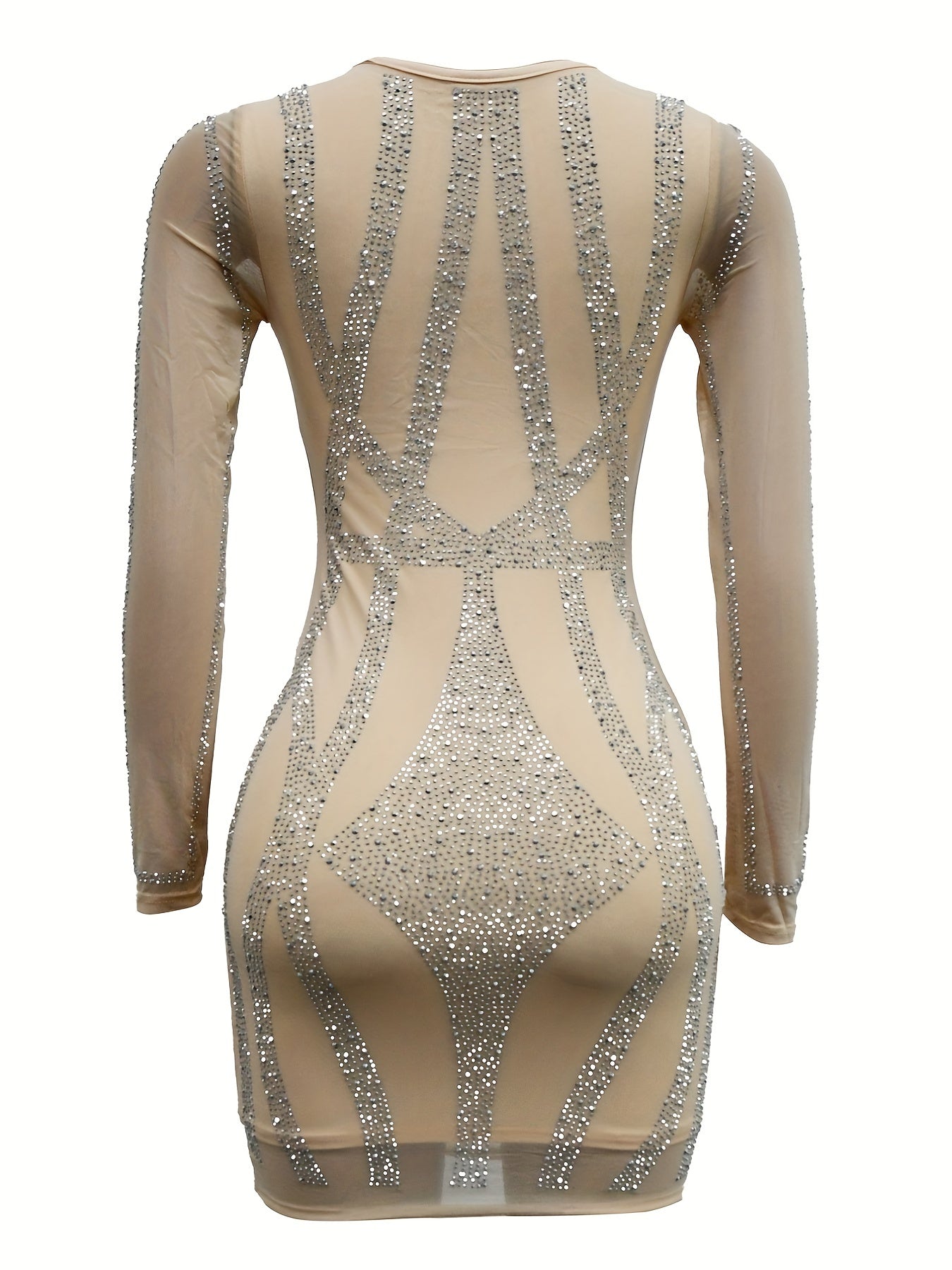 Rhinestone Sweetheart Neck Bodycon Dress, Sexy Mesh Long Sleeve Dress For Spring & Summer, Women&