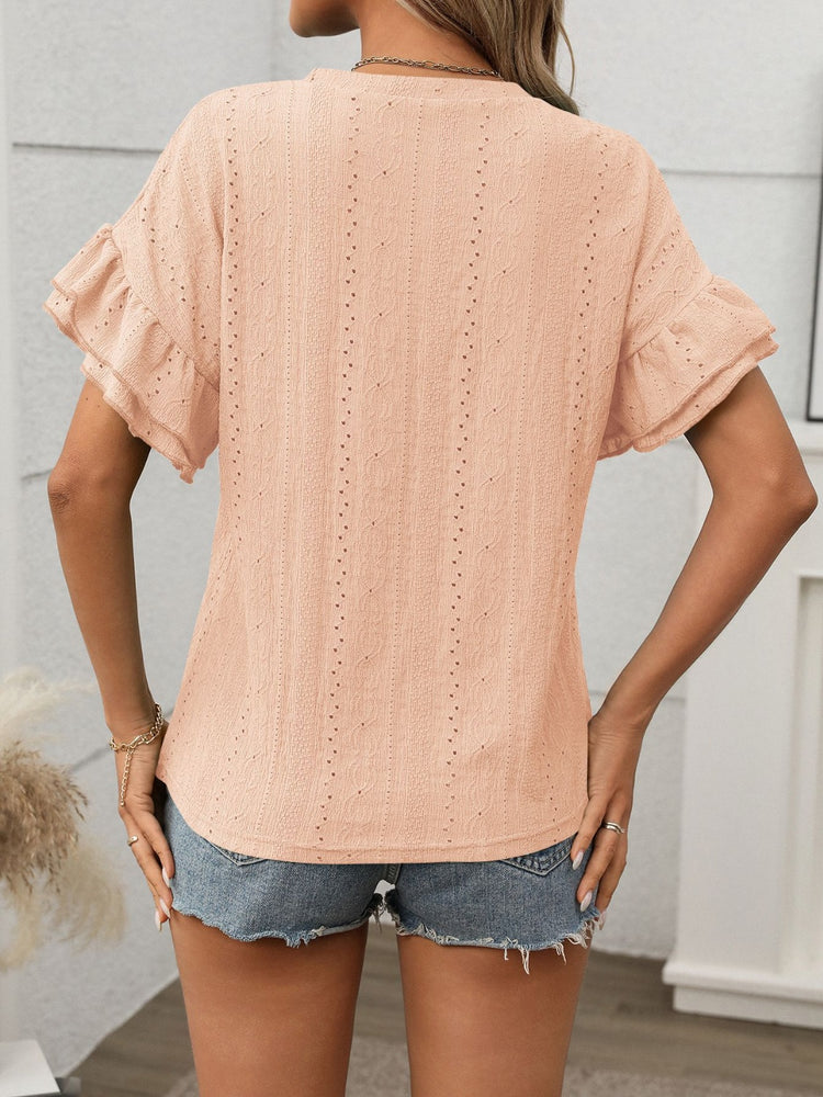 Eyelet Round Neck Flounce Sleeve Top - MyEmpired