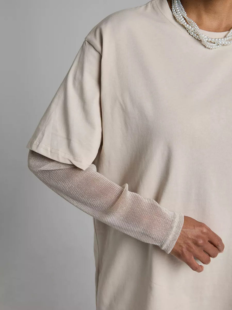 Faux Layered Round Neck Mesh Sleeve Top - MyEmpired