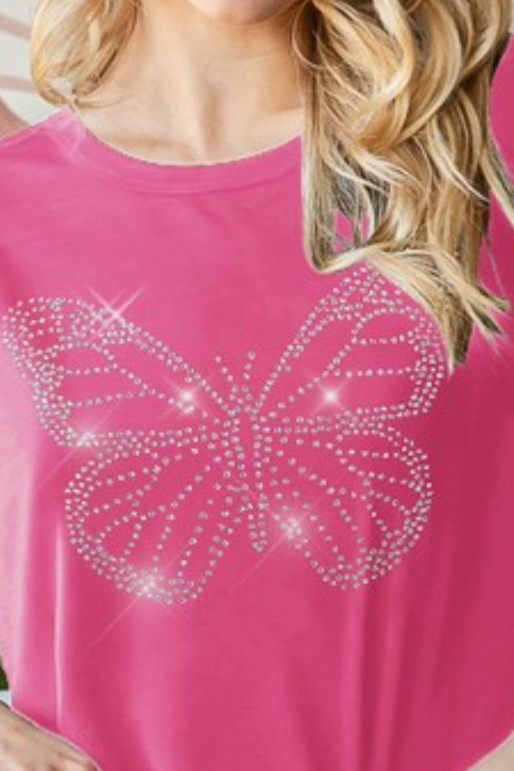 Heimish Full Size Rhinestone Butterfly Round Neck Short Sleeve T-Shirt Plus Size - MyEmpired