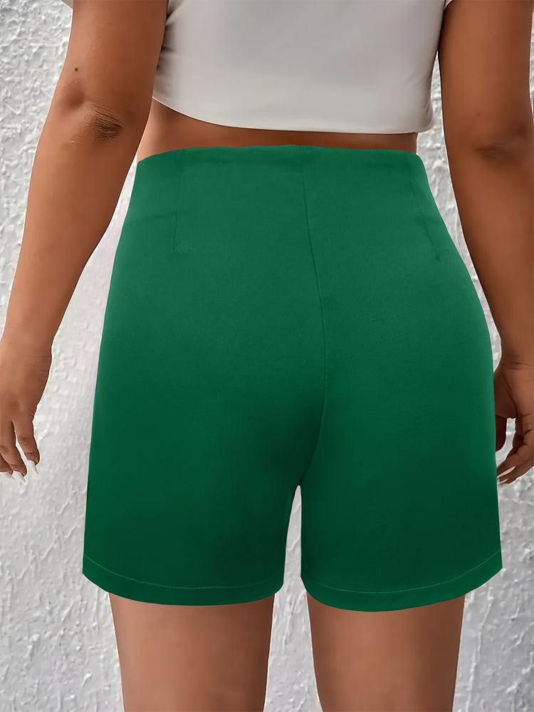 Solid Ruched High Waist Shorts, Casual Button Front Shorts For Spring & Summer, Women&
