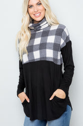 Celeste Full Size Pocketed Plaid Turtleneck Long Sleeve Blouse - MyEmpired