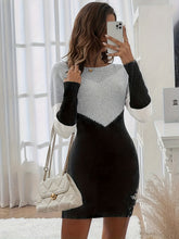 Elegant Color Block Sweater Dress for Women - Crew Neck, Geometric Knit Pattern, Long Sleeve, Polyester Knit Fabric, H Contour - Chic Knitted Pullover Dress - MyEmpired