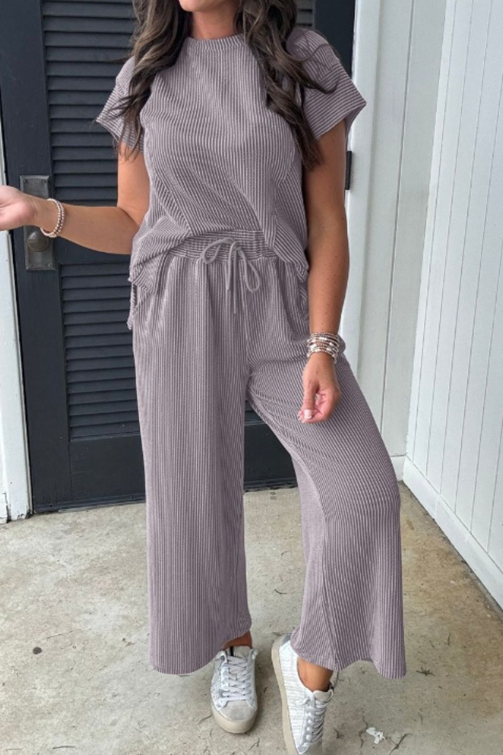 Corded Knit Short Sleeve T-Shirt and Wide Leg Pants Set - MyEmpired