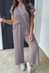 Corded Knit Short Sleeve T-Shirt and Wide Leg Pants Set - MyEmpired
