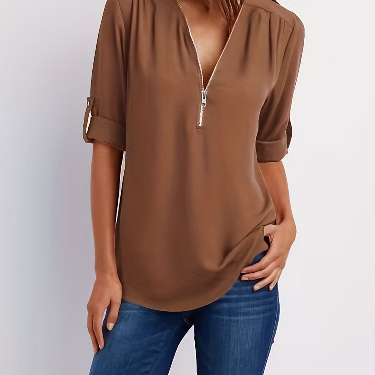 Solid V Neck Blouse - MyEmpired