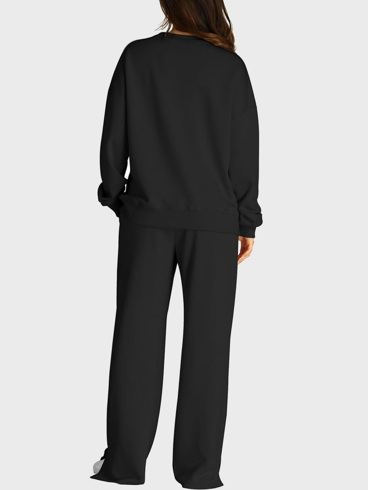 Round Neck Long Sleeve Top and Slit Pants Set - MyEmpired