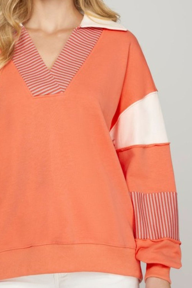 She + Sky Full Size Color Block Sleeve Johnny Collar French Terry Sweatshirt Plus Size - MyEmpired