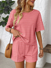 Striped Round Neck Short Sleeve Top and Shorts Set - MyEmpired
