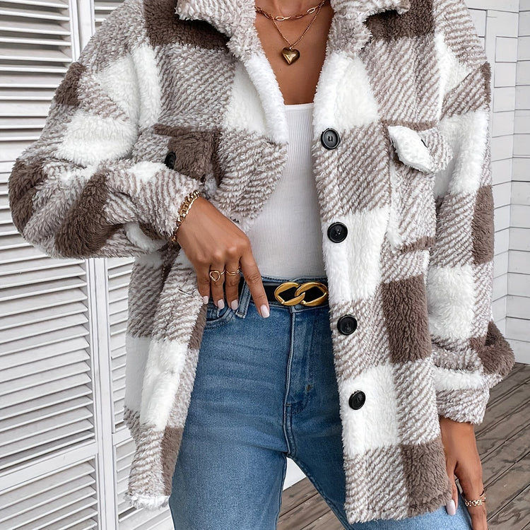 Plaid Fuzzy Fall & Winter Coat, Casual Button Front Long Sleeve Warm Outerwear, Women&