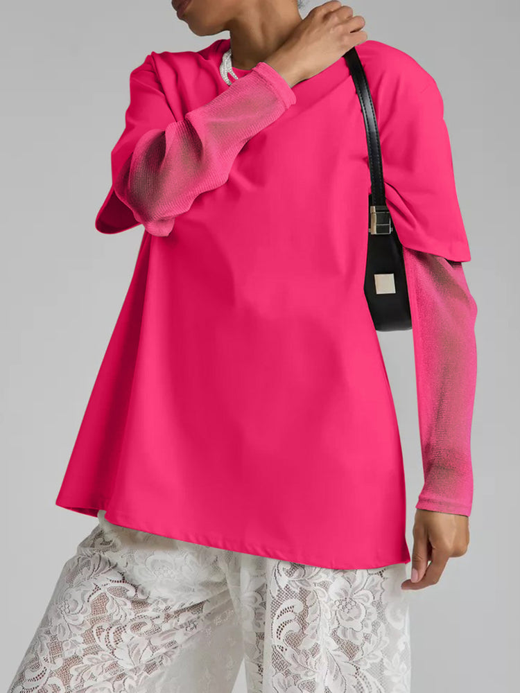 Faux Layered Round Neck Mesh Sleeve Top - MyEmpired