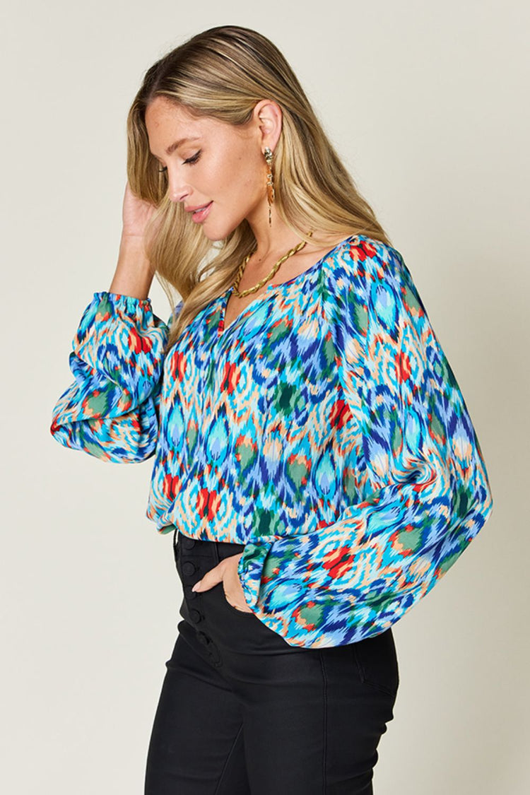 Double Take Full Size Printed Balloon Sleeve Blouse - MyEmpired