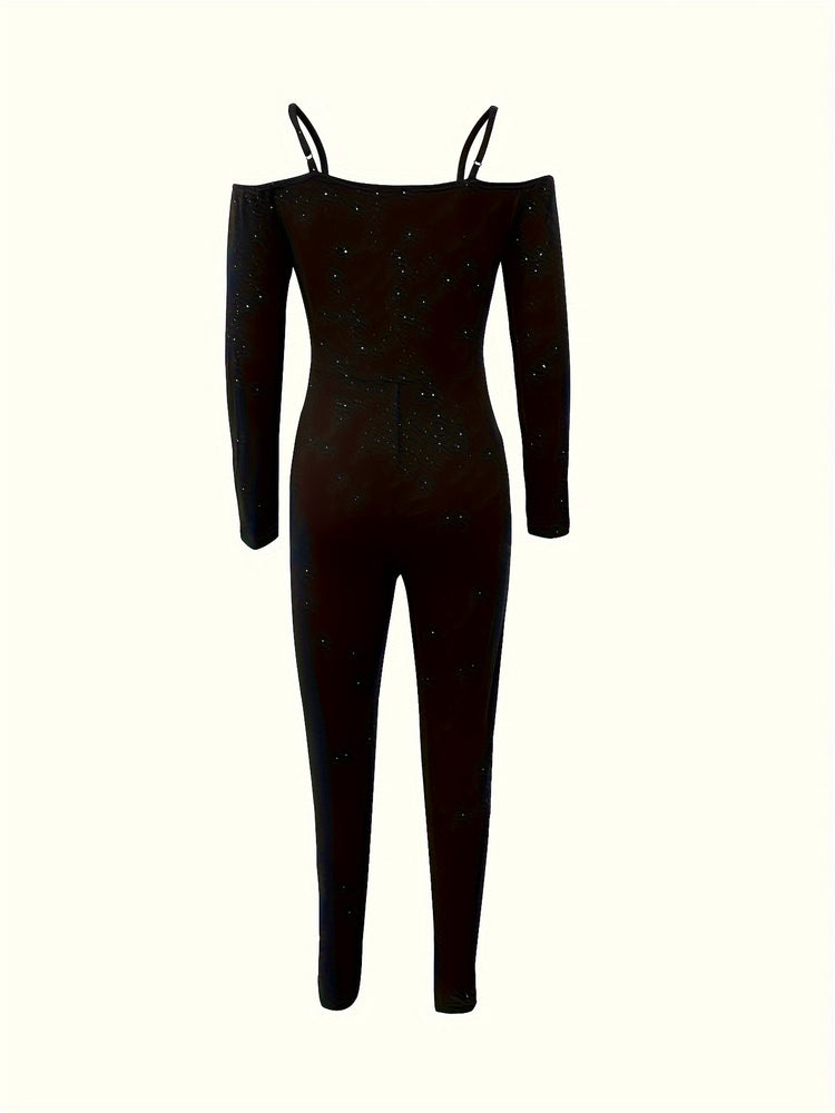Sequin Skinny Leg Jumpsuit, Sexy Long Sleeve Jumpsuit For Spring & Fall, Women&