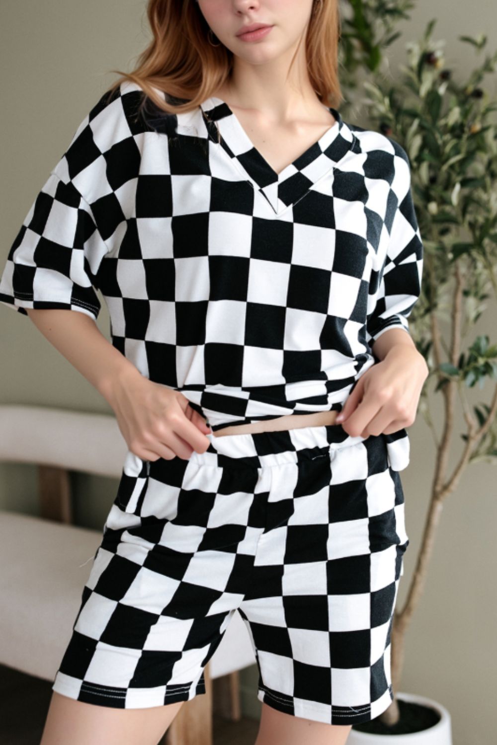 Checkerboard V Neck Loose Tee and Shorts Set - MyEmpired