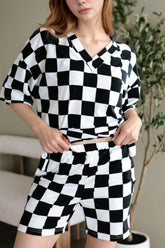 Checkerboard V Neck Loose Tee and Shorts Set - MyEmpired