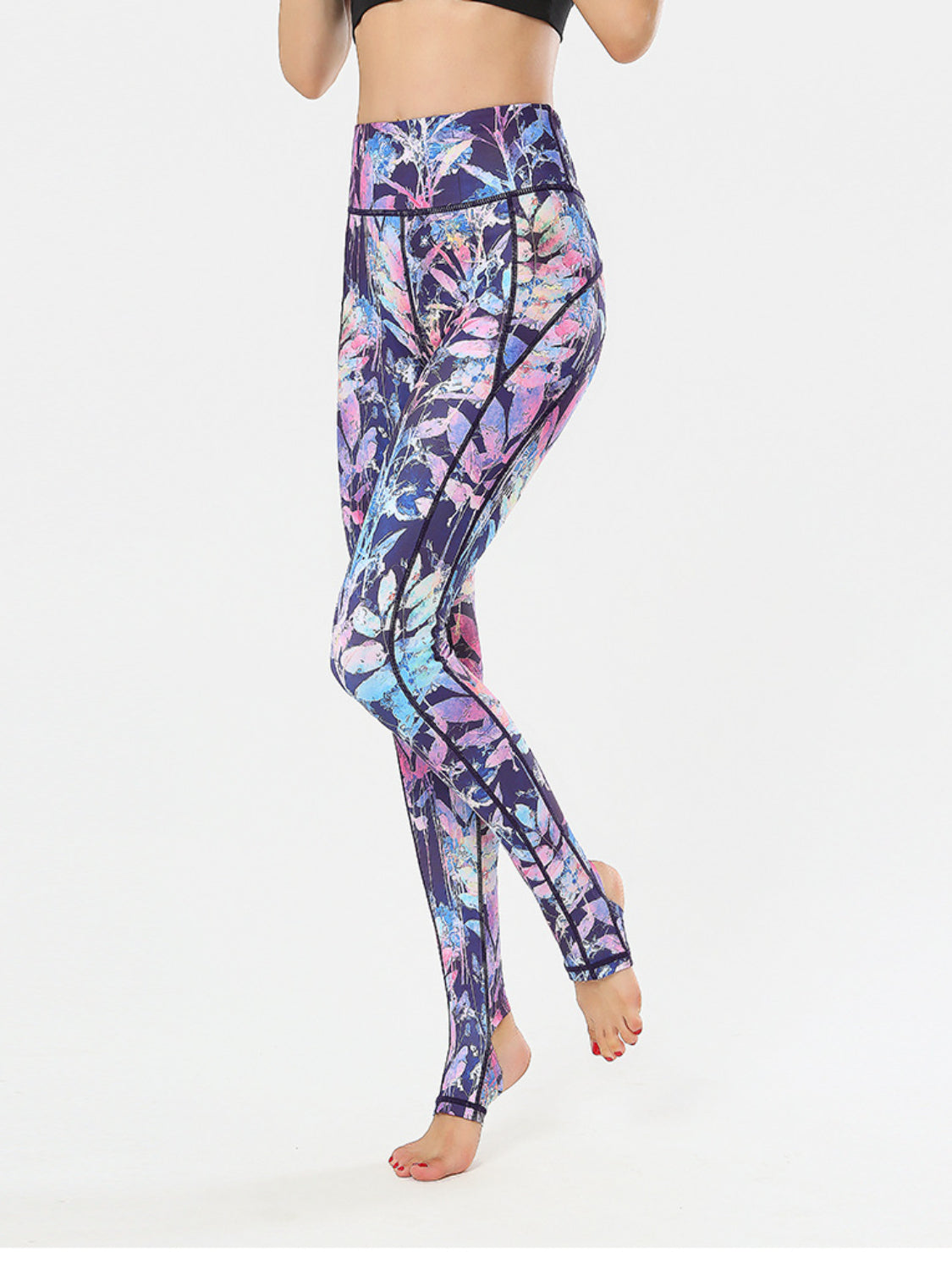 Printed Wide Waistband Active Leggings with Stirrups - MyEmpired