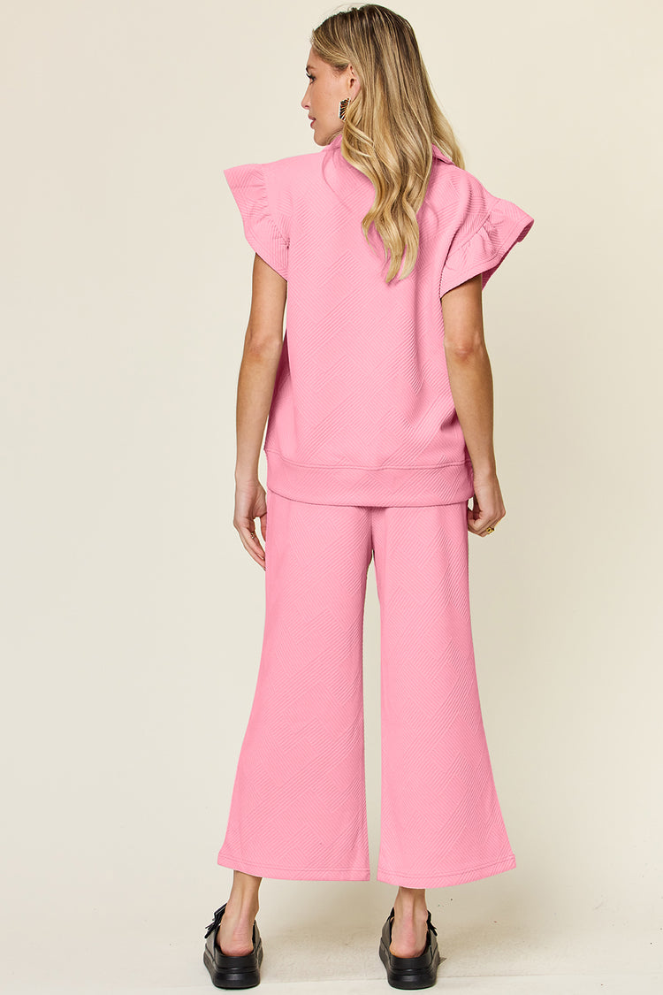 Double Take Texture Ruffle Short Sleeve Top and Drawstring Wide Leg Pants Set - MyEmpired