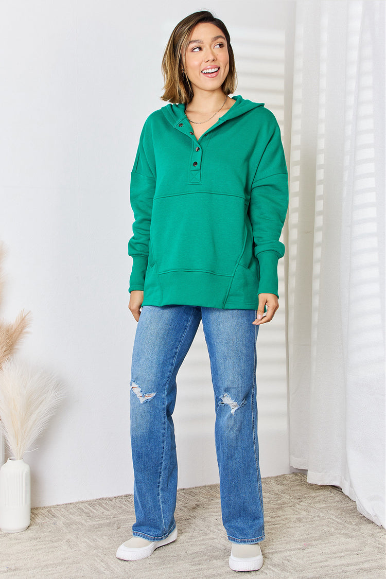 Zenana Half Snap Long Sleeve Hoodie - MyEmpired