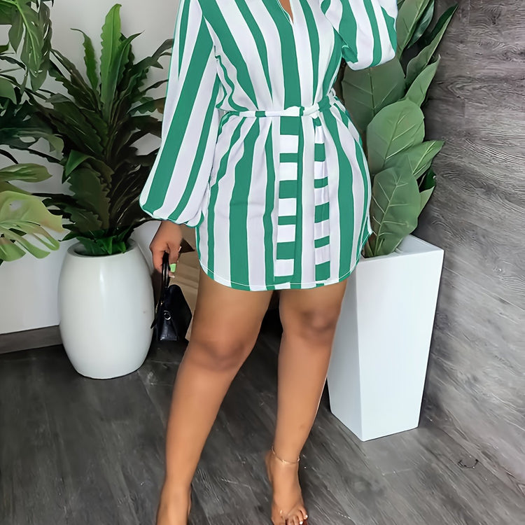Striped Print Lantern Sleeve Dress, Casual Tie-waist Notch Neck Dress, Women&