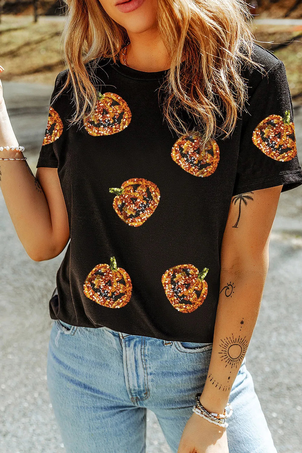 Sequin Pumpkin Round Neck Short Sleeve T-Shirt - MyEmpired