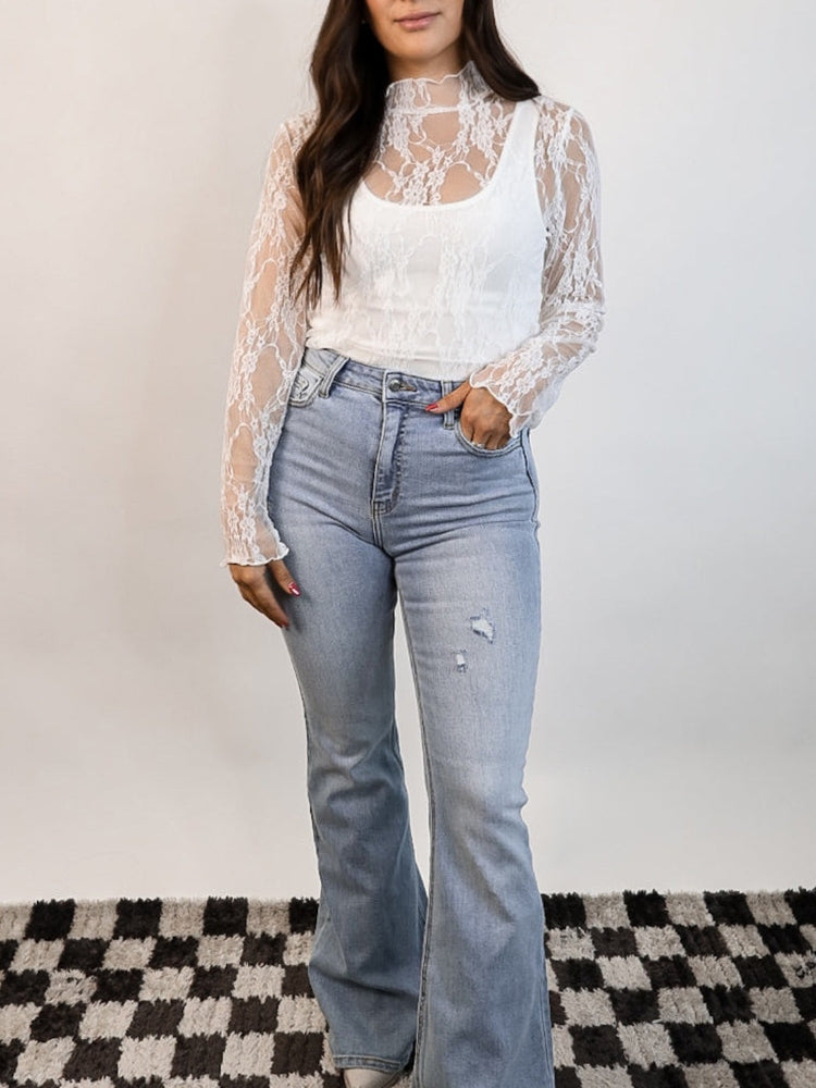 Lace Mock Neck Long Sleeve Top - MyEmpired