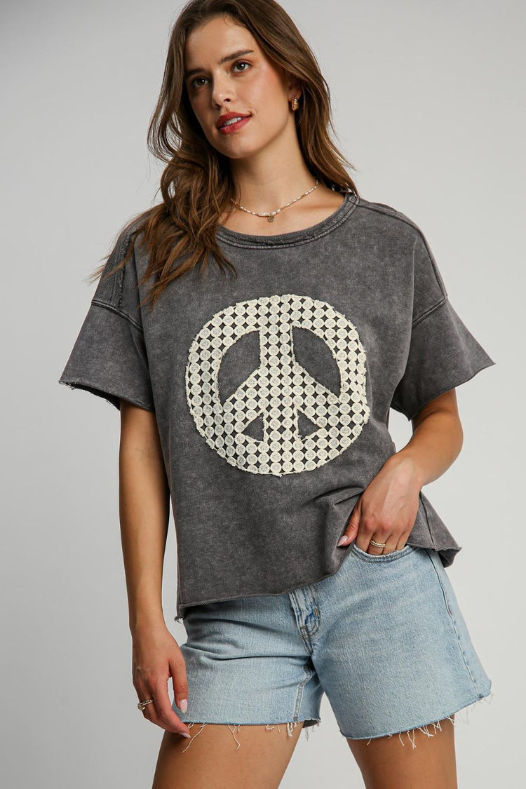 Umgee Full Size Mineral Wash T-Shirt with Lace Applique Plus Size - MyEmpired