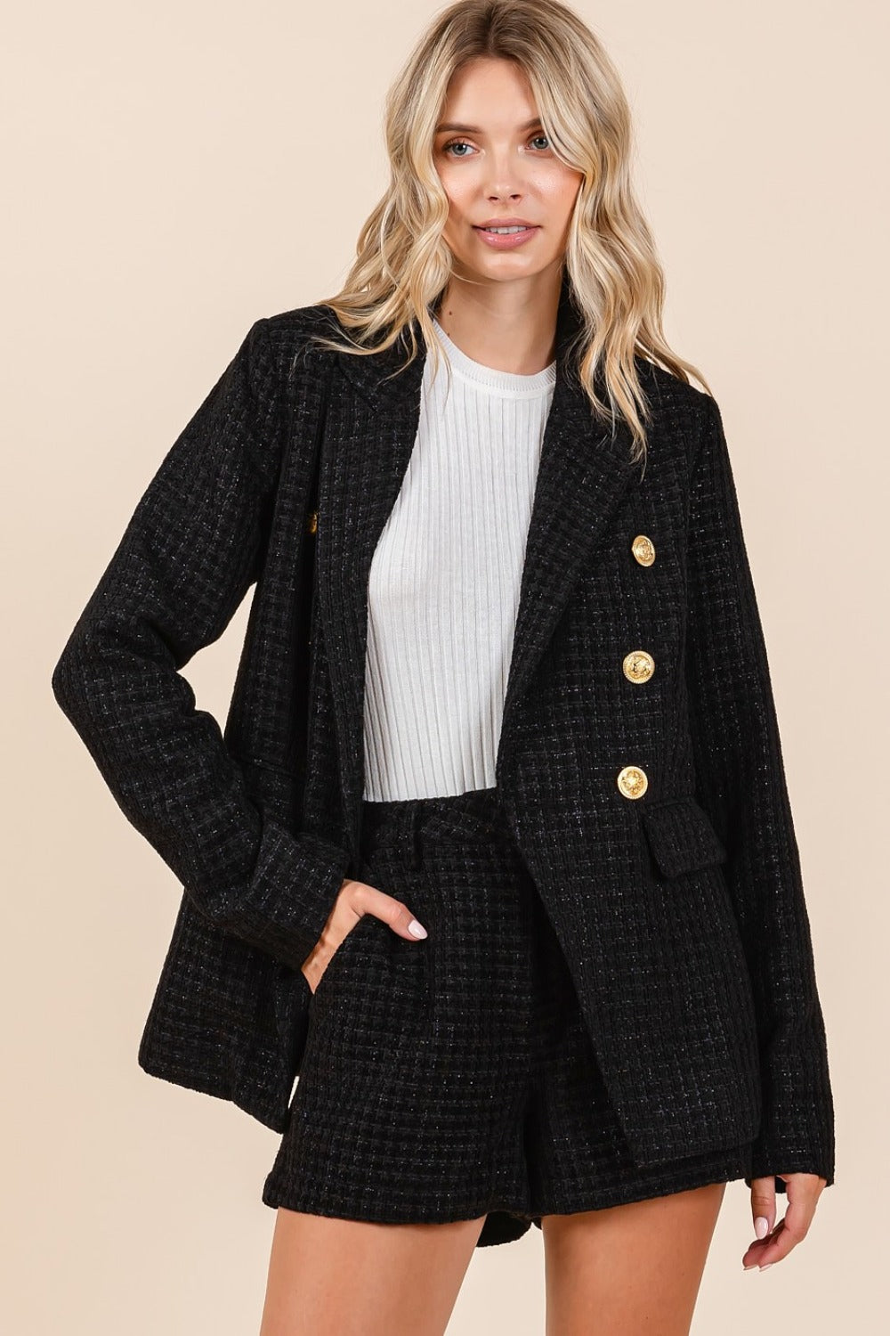 Mittoshop Plaid Texture Double-Breasted Long Sleeve Blazer - MyEmpired