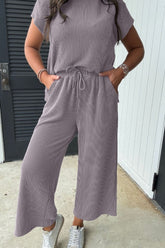 Corded Knit Short Sleeve T-Shirt and Wide Leg Pants Set - MyEmpired