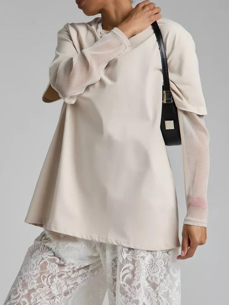 Faux Layered Round Neck Mesh Sleeve Top - MyEmpired