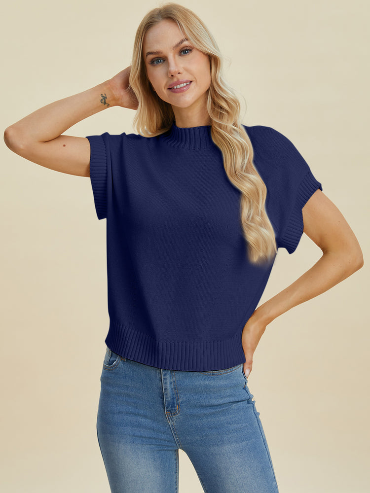 Double Take Full Size Mock Neck Short Sleeve Sweater - MyEmpired
