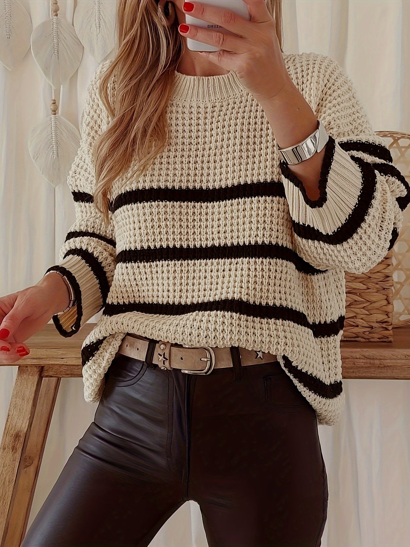 Striped Crew Neck Sweater, Elegant Waffle Knit Long Sleeve Sweater For Fall & Winter, Women&