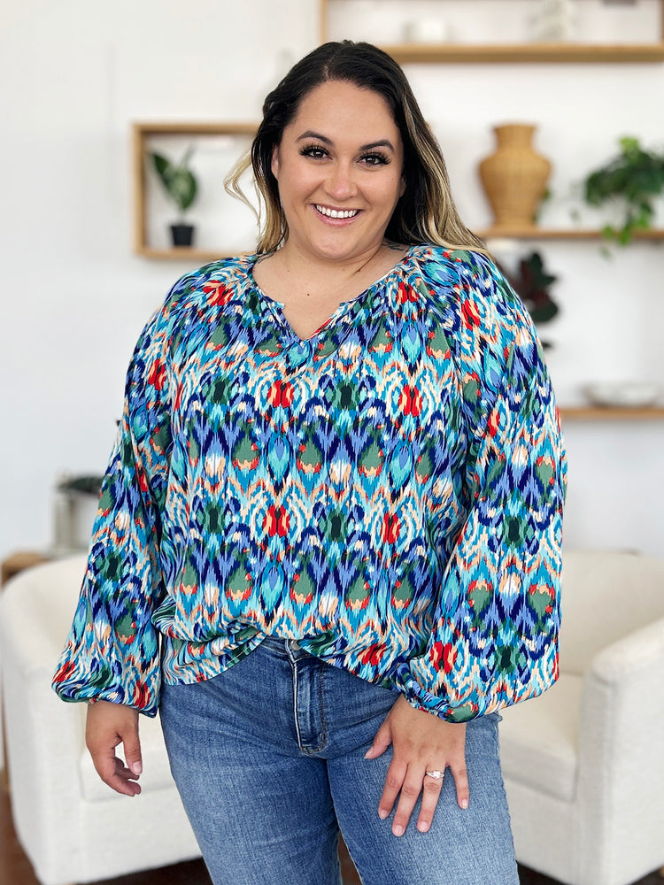 Double Take Full Size Printed Balloon Sleeve Blouse - MyEmpired
