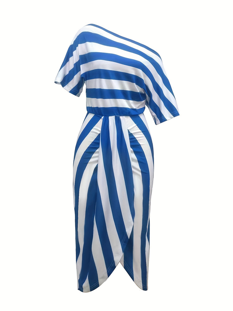 Striped One Shoulder Split Dress - MyEmpired