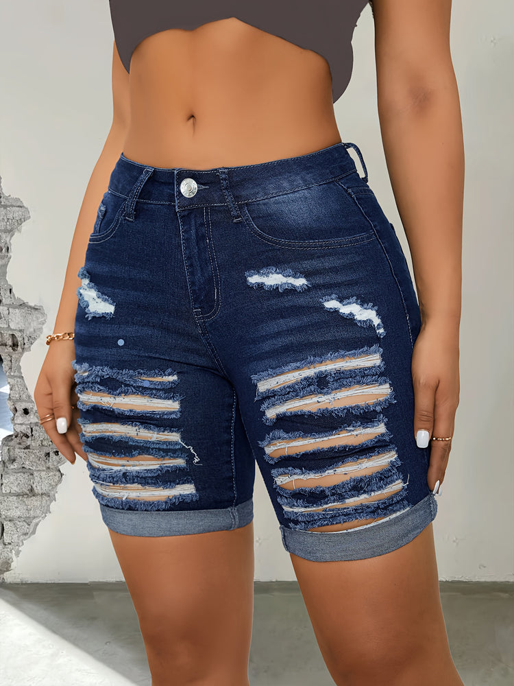 Ripped Roll Up Hem Denim Shorts, Distressed Slash Pocket Denim Shorts, Women&