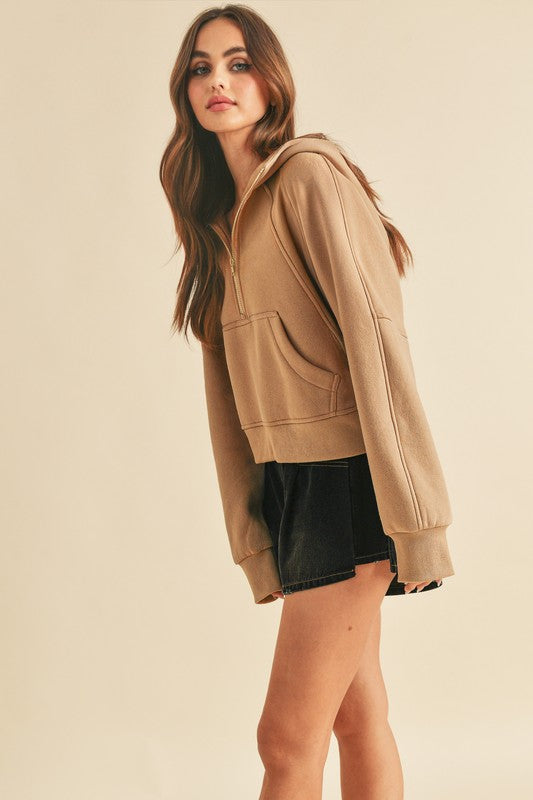 Aemi + Co Half Zip Raglan Sleeve Hoodie with Kangaroo Pocket - MyEmpired