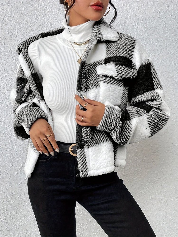 Plaid Pattern Button Front Fuzzy Coat, Casual Long Sleeve Warm Outerwear For Fall & Winter, Women&